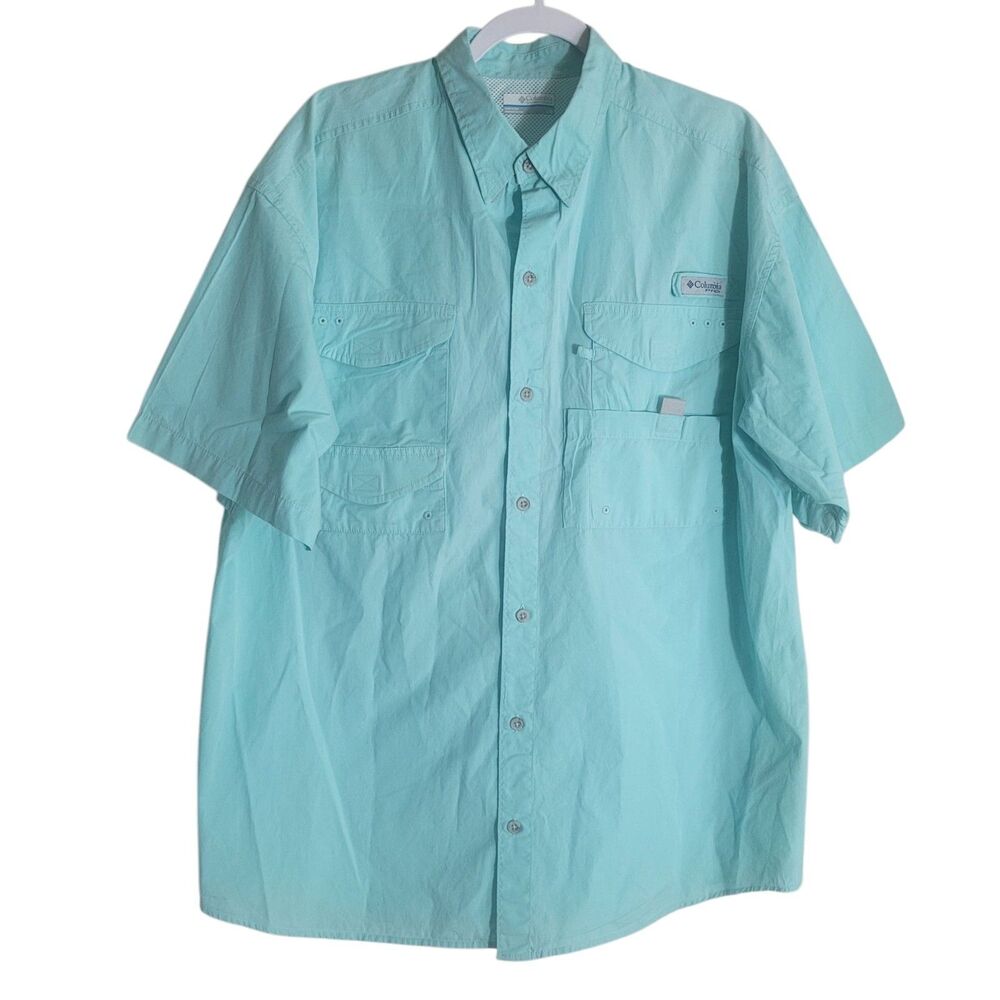 Columbia PFG Button Up Performance Shirt Mens Size Large Aqua Blue Cotton Vented